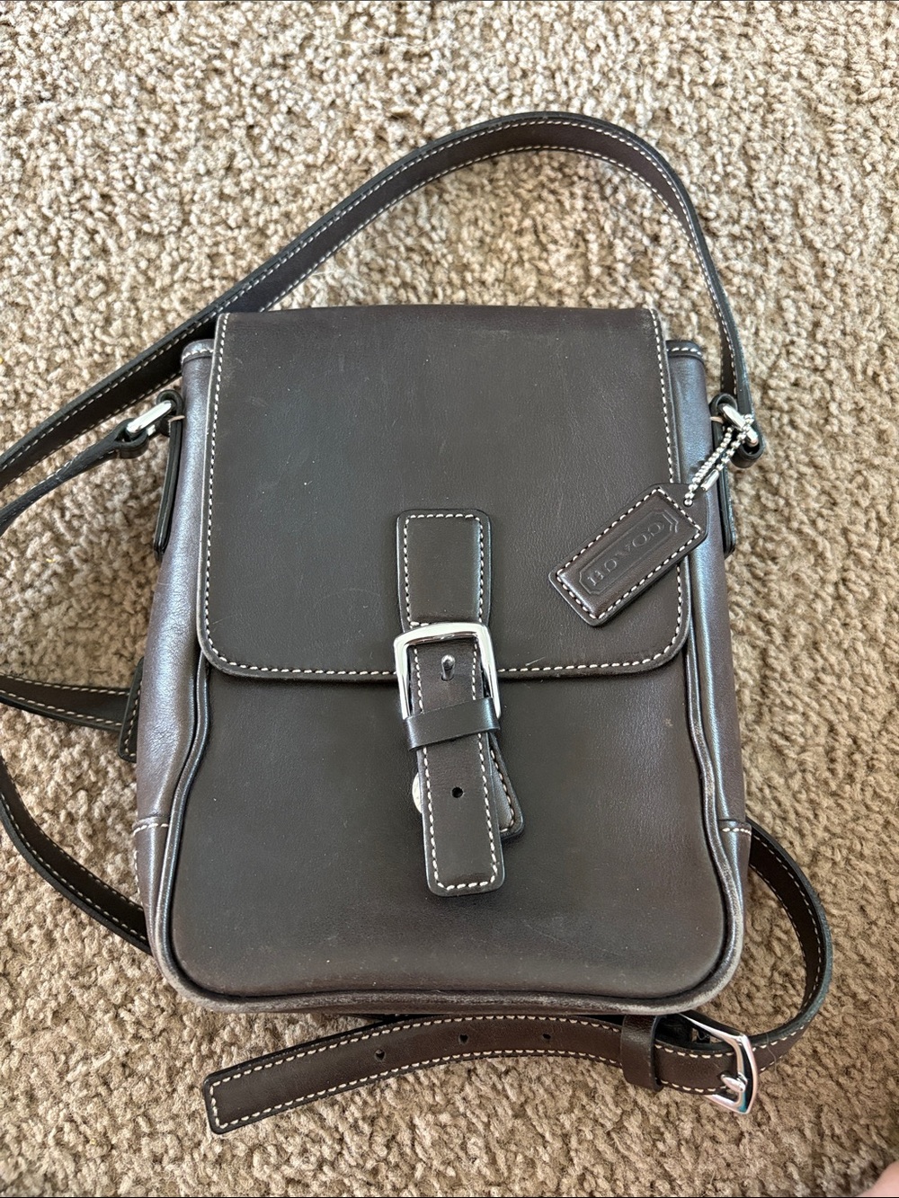 COACH Dark Brown Leather Men’s Messenger Crossbody with Buckle